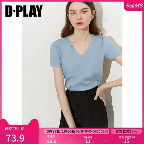 DPLAY2025年夏季新款蓝色t恤女好看法式独特体恤宽松纯棉短袖上衣图片
