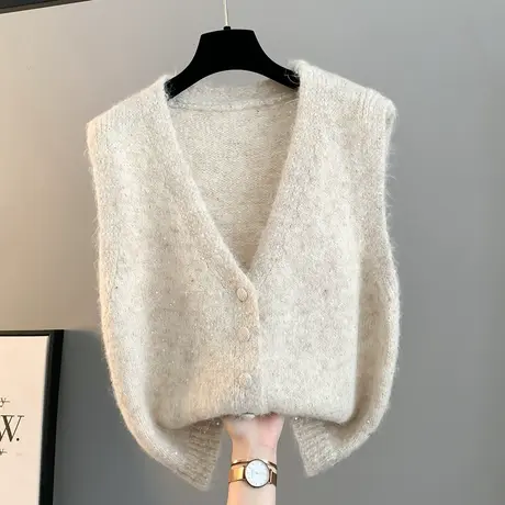 v领针织亮片开衫马甲女秋冬季叠穿坎肩上衣外搭无袖毛衣背心外套商品大图