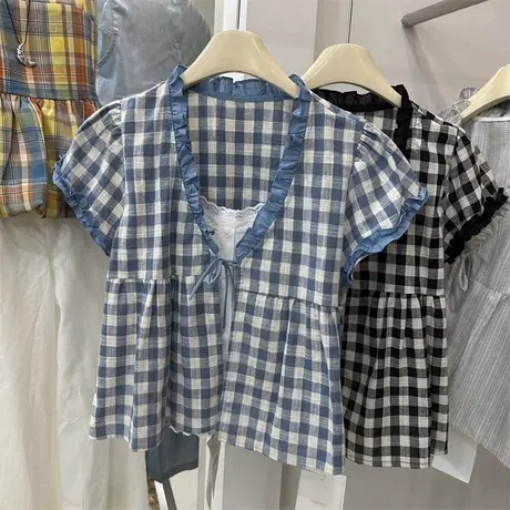 格子衬衫女短袖上衣2025夏季新款韩系衬衣小个子娃娃衫蕾丝边小衫图片