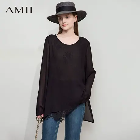 AMII【轻薄遮阳衬衫】韩版休闲蕾丝花边拼接雪纺衫轻薄遮阳衬衫图片