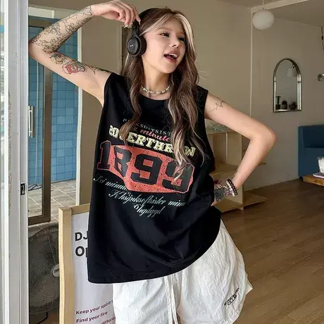 纯棉吊带运动坎肩工字背心无袖t恤女夏外穿高级感宽松篮球服上衣商品大图