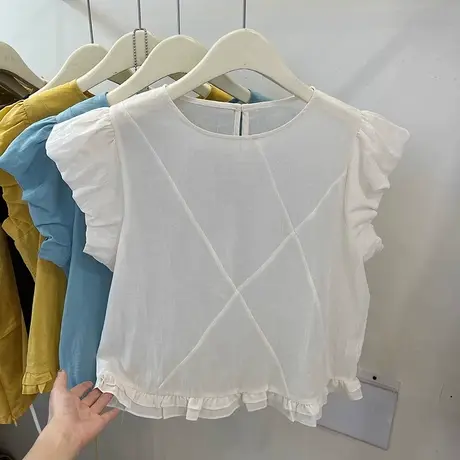 韩系木耳边花苞袖小衫女夏季2025新款时尚减龄纯色短袖衬衫上衣商品大图