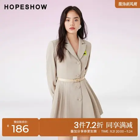 红袖outlets三角镂空连衣裙hopeshow2022春季新款收腰单排扣短裙商品大图