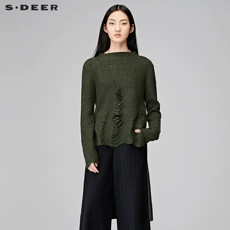 sdeer圣迪奥2018冬装破洞竖纹肌理前短后长针织衫毛衣女S17483554图片