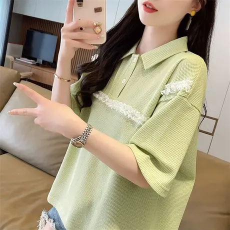 设计感小众polo领短袖t恤女夏季韩版宽松大码蕾丝拼接华夫格上衣商品大图