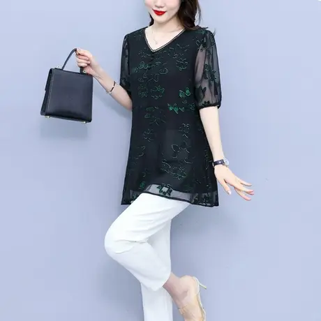 大码中长款雪纺衫女2025夏季新款短袖衫胖MM宽松显瘦遮肚子女上衣商品大图