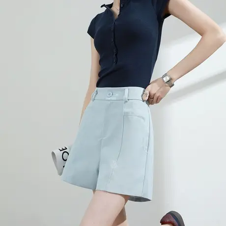 外穿西装短裤女夏季薄款高腰显瘦a字宽松浅蓝色休闲阔腿三分热裤图片