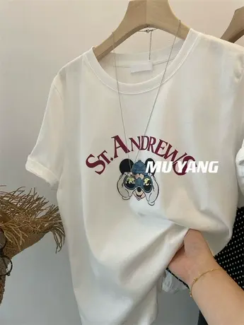 韩式软妹！望远镜米奇短袖t恤女 2024/春夏季新款休闲正肩上衣潮图片