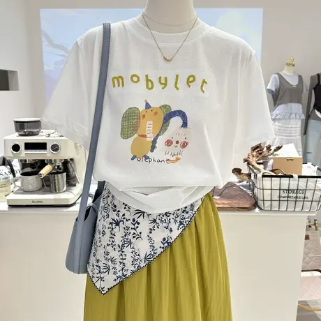 夏季新款韩系百搭卡通减龄印花宽松显瘦短袖雪花棉薄款T恤女上衣图片