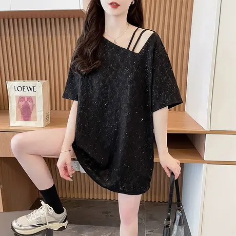设计感小众短袖t恤女夏季韩版宽松大码女装中长款一字领露肩上衣商品大图