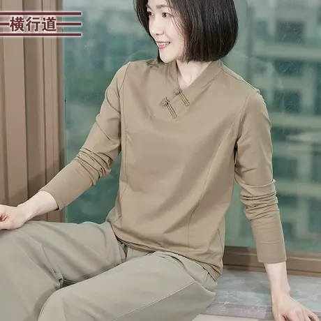 轻中式汉服领百搭莫代尔棉柔糯设计感T恤上衣纯色打底衫春季女装图片