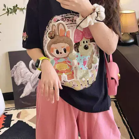 胖mm大码卡通印花短袖T恤女夏季新款宽松休闲遮肉慵懒风上衣ins风商品大图