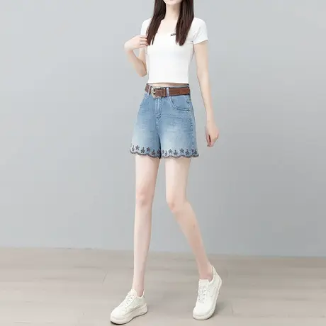 刺绣花边牛仔短裤女夏季薄款直筒宽松高腰显瘦绣花阔腿蓝色热裤子图片