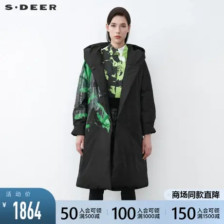 sdeer圣迪奥2021冬新款休闲连帽撞色印花长款黑色羽绒服S21482495商品大图