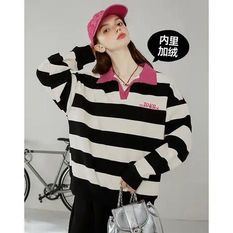 a022025年春季新款条纹绣花女式卫衣复古OVERSIZE上衣polo领商品大图