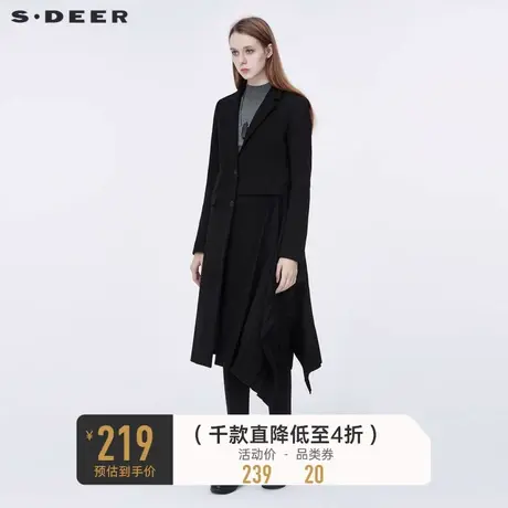 sdeer圣迪奥春秋装女装平驳领不规则风琴褶黑色长款大衣S20381826📫商品大图