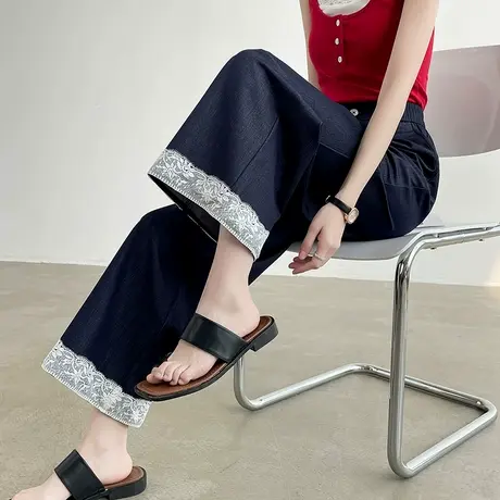 蕾丝花边九分天丝西装阔腿裤女夏季薄款垂感宽松休闲小个子直筒裤商品大图