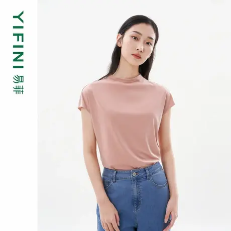 [专柜同款]Yifini/易菲高级感小高领收腰短款时尚T恤纯色上衣夏新图片