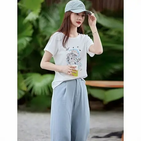 时尚短袖T恤2025年夏季新款女休闲套头圆领简约通勤减龄宽松上衣图片