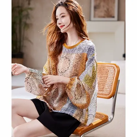 宝诗黎蝙蝠袖抽绳印花雪纺衫2025夏季宽松慵懒百搭大码女装上衣商品大图