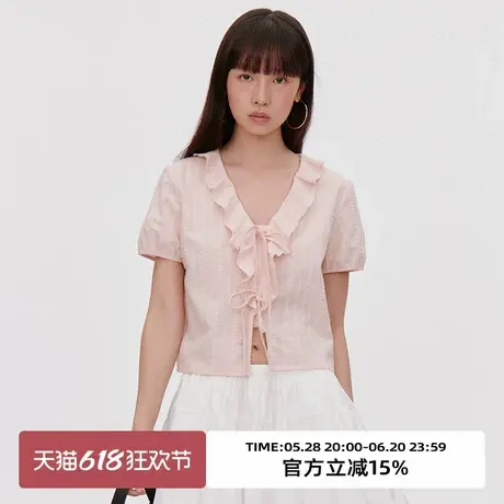 omont蛋挞家 复古V领荷叶边短袖衬衫2025夏季系带慵懒小衫上衣女商品大图