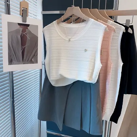 圆领冰丝针织衫女背心2025春夏新款美背内搭蕾丝上衣外穿薄t恤衫商品大图