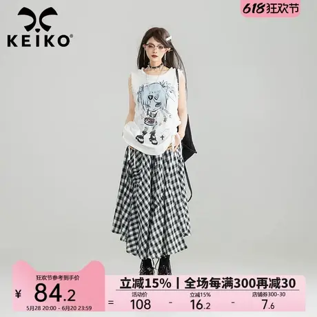 KEIKO 日系印花白色无袖t恤背心夏季洋气褶皱花边饰宽松抽褶上衣图片