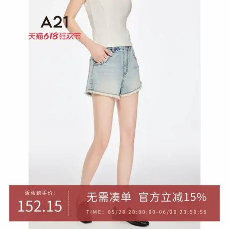 A21女装天蓝色毛边磨白牛仔短裤2025夏季新款简约百搭宽松直筒裤图片