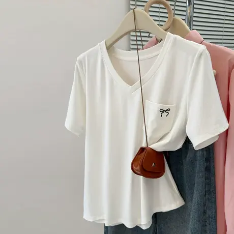 V领露锁骨短袖T恤女夏季2025新款宽松韩版口袋蝴蝶结刺绣半袖上衣商品大图