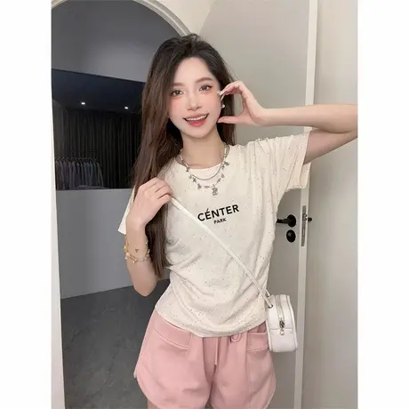 甜妹风洋气正肩圆领褶皱收腰短袖t恤女2025夏季新款彩虹波点上衣商品大图