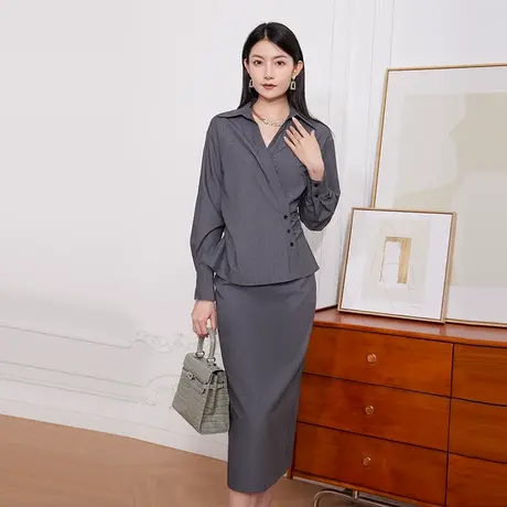 希区瑞普气质V领翻领职业套裙裹身式连衣裙女士中长商品大图