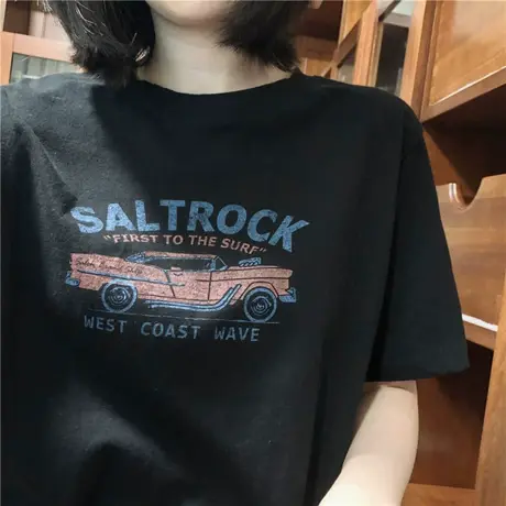 韩国东大门复古汽车做旧柔软文艺宽松休闲短袖T恤女百搭半袖上衣商品大图