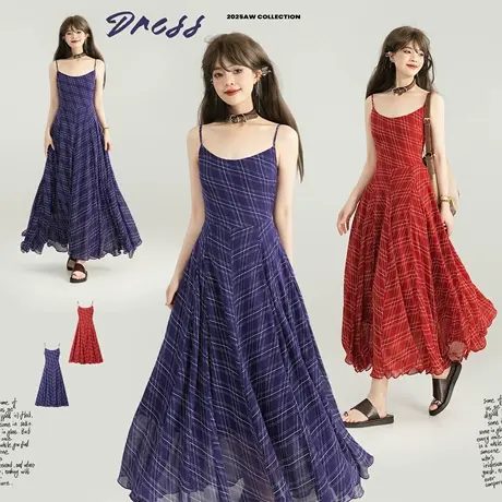 KEIKO 复古法式格纹吊带连衣裙早秋新款随性飘逸大摆雪纺长裙伞裙商品大图