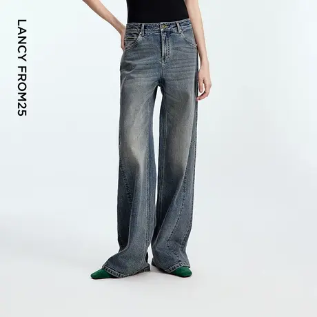 朗姿纯棉复古喇叭阔腿牛仔裤水洗设计感休闲长裤2025年秋季新款商品大图