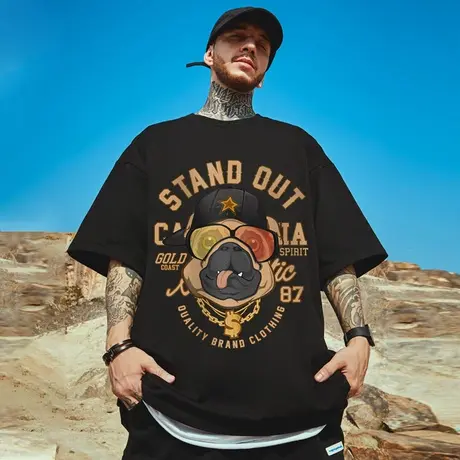 300克美式重磅复古狗头打底短袖T恤大码男装加肥加大半袖胖子男款商品大图