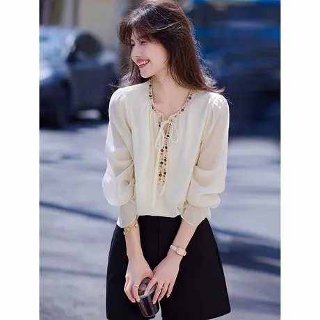 时尚气质衬衫2025年夏季新款V领简约淑女甜美百搭优雅长袖上衣商品大图