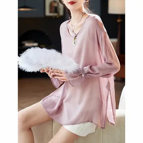 宝诗黎圆领气质纯色长袖雪纺衫2025夏季简约薄防晒休闲外搭上衣女图片