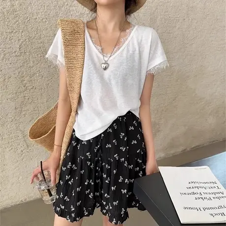 韩系高级感V领正肩短袖T恤女夏季宽松韩版内搭打底衫蕾丝拼接上衣商品大图