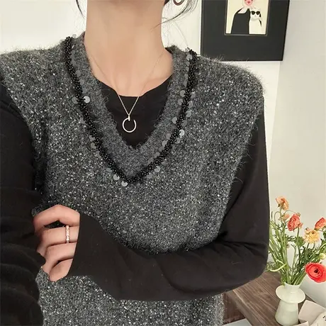 2025超火新中式女士v领亮片毛衣针织马甲女时髦洋气背心春秋外穿商品大图