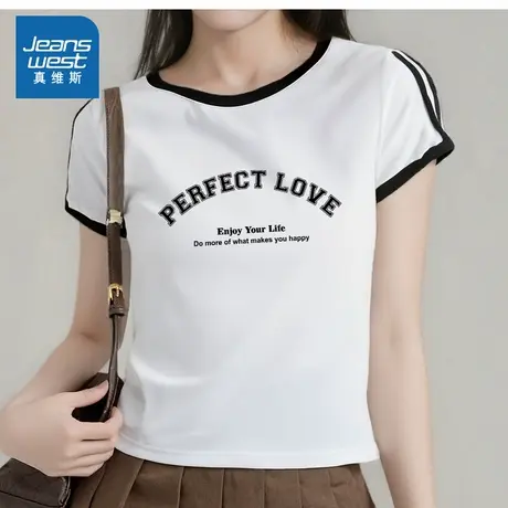 YD真维斯女装2025夏季新款女款休闲黑白字母印花百搭女士短袖T恤商品大图