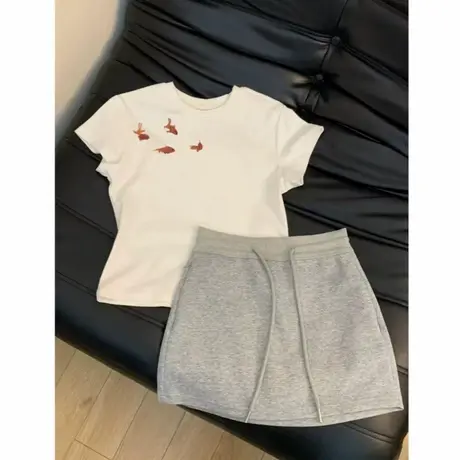 韩系小个子金鱼印花短袖t恤女2025夏季设计感小众短款修身上衣ins商品大图