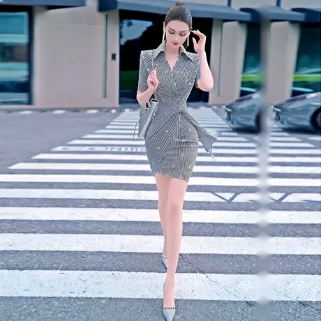 VJE夏季设计感条纹商务衬衫裙2025新款时尚气质名媛风时尚连衣裙商品大图