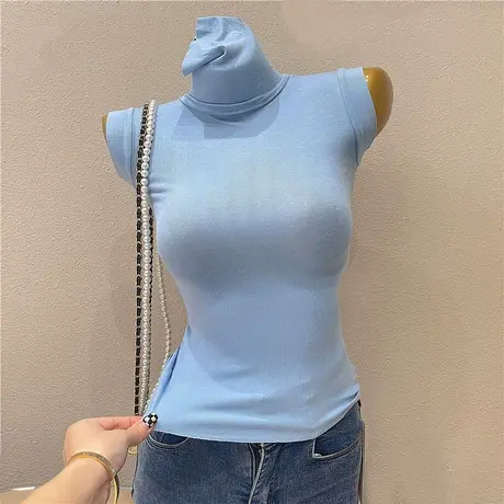 无袖T恤上衣女气质2021夏季新款洋气修身高领弹力打底黑色背心潮商品大图