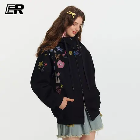 ER趣味植物园开衫卫衣2025秋季美式情侣休闲钉珠双拉链连帽外套潮图片