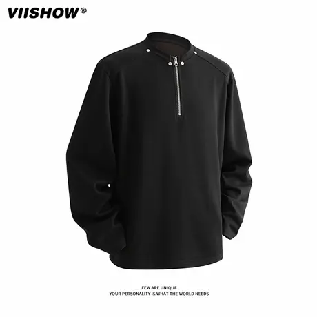 VIISHOW半拉链垫肩卫衣男款秋季美式高街柳钉长袖T恤痞帅重磅短袖图片