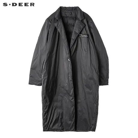 sdeer圣迪奥2019冬装酷黑字母贴布装饰戗驳领长款羽绒服S17482422🌂商品大图