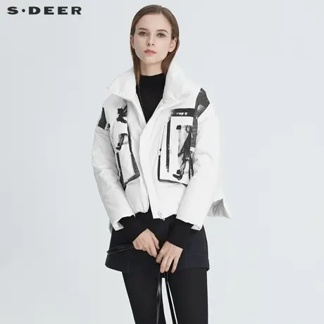 sdeer圣迪奥冬季时尚立领印花不规则短款羽绒服S20482429商品大图