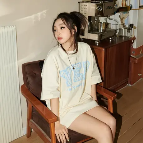 YEP美式复古发泡印花短袖t恤女夏季2025新款纯棉复古情侣宽松上衣商品大图