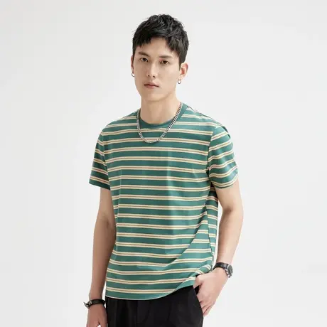 条纹短袖t恤男圆领2025新款夏季青少年潮牌冰丝薄款百搭上衣体恤图片