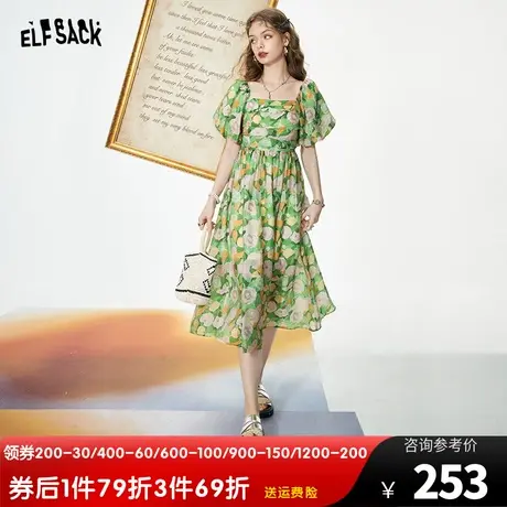 妖精的口袋泡泡袖法式连衣裙女2023夏季新款印花高腰a字气质裙子商品大图